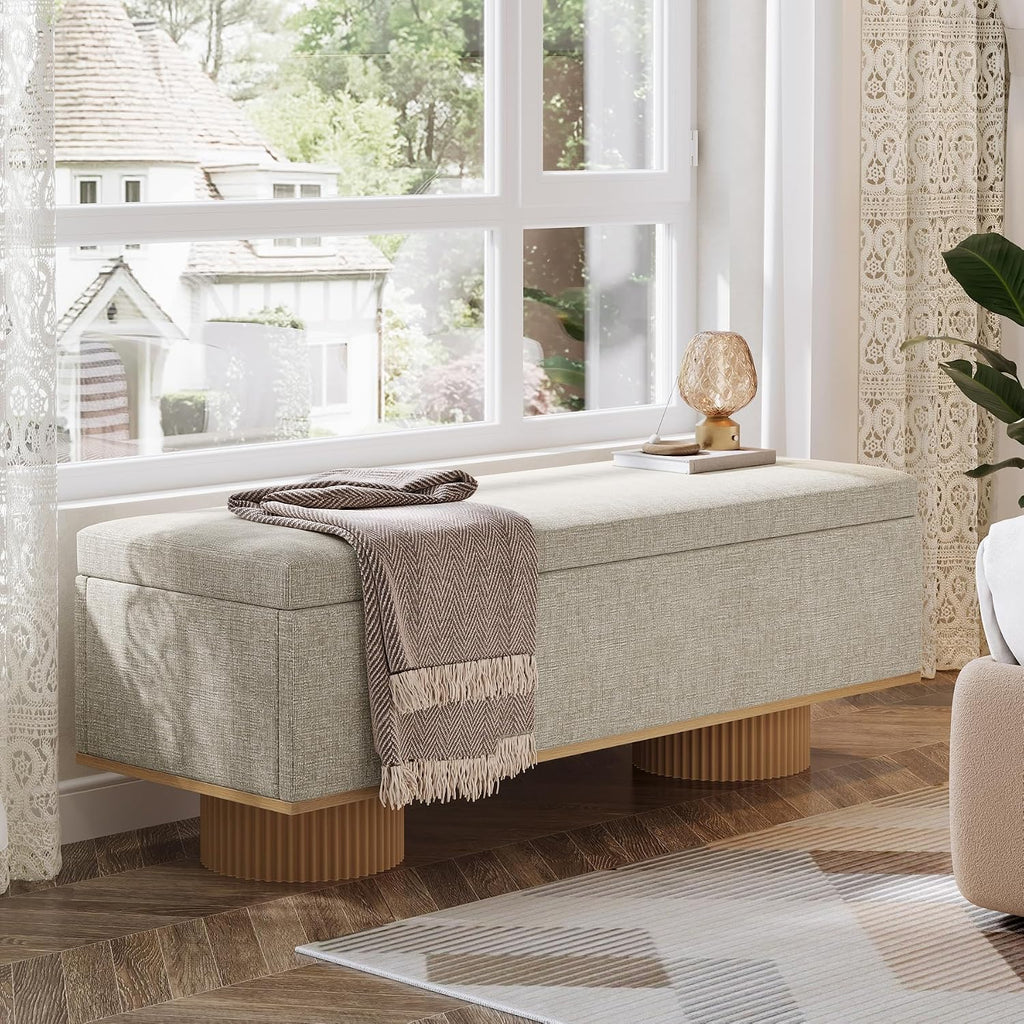 Tribesigns 50.39' Storage Bench with Padded Seat Cushion, Upholstered Shoe Bench with Flip Up Storage for Bedroom, Living Room, Entryway, Load up to 330 lb, Beige + Wood Color