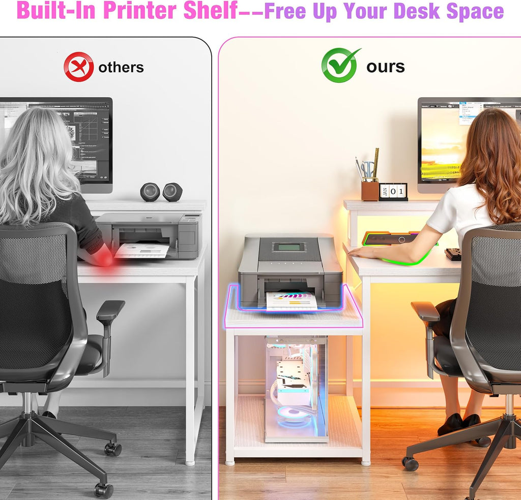 EnHomee 63' L Shaped Gaming Desk with LED Lights & Power Outlets,Reversible Corner Gaming Table with Storage Shelf & Hooks,Computer Desk with Monitor Stand & Print Stand for Bedroom,Home Office,White