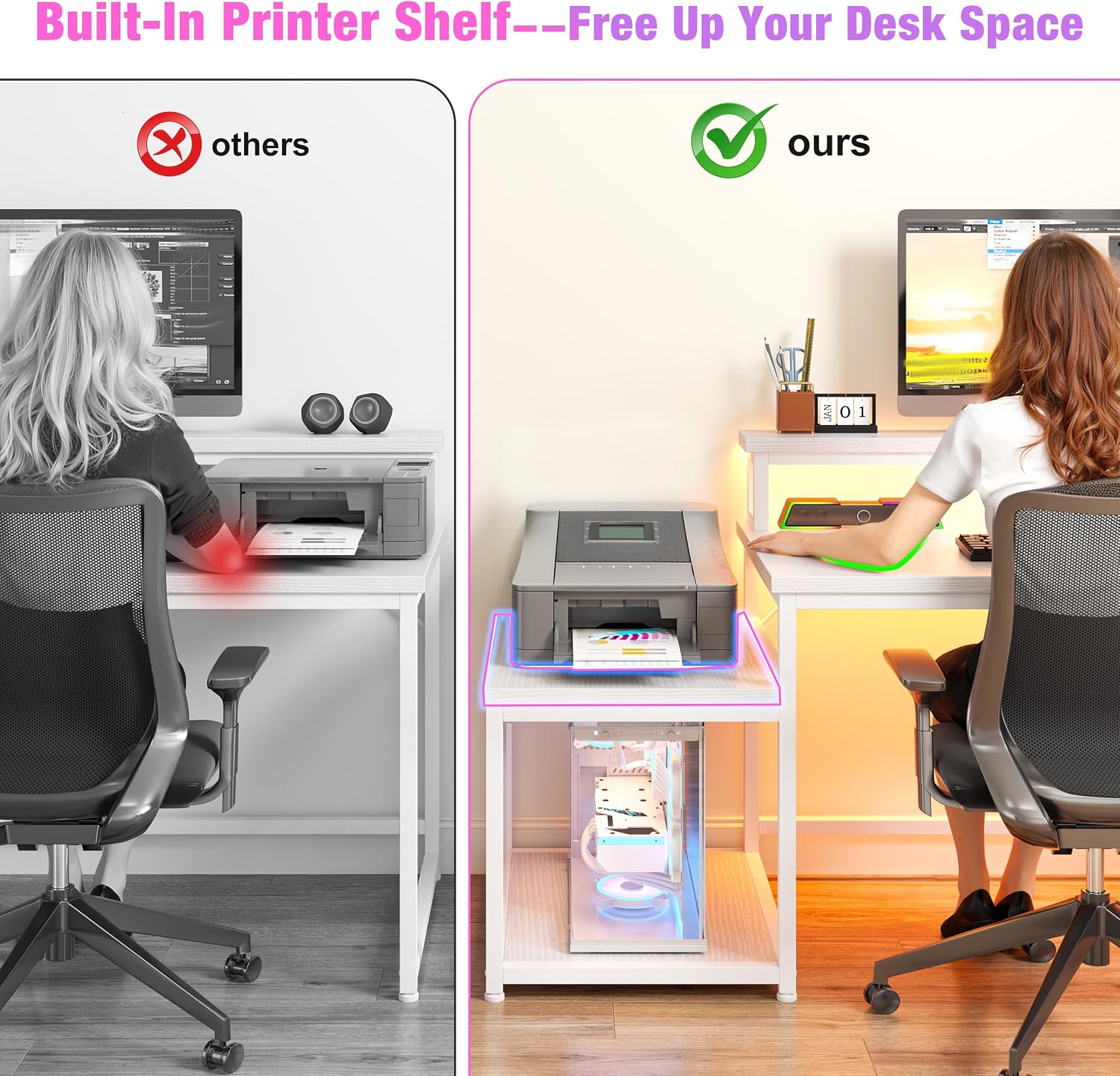 EnHomee 63' L Shaped Gaming Desk with LED Lights & Power Outlets,Reversible Corner Gaming Table with Storage Shelf & Hooks,Computer Desk with Monitor Stand & Print Stand for Bedroom,Home Office,White