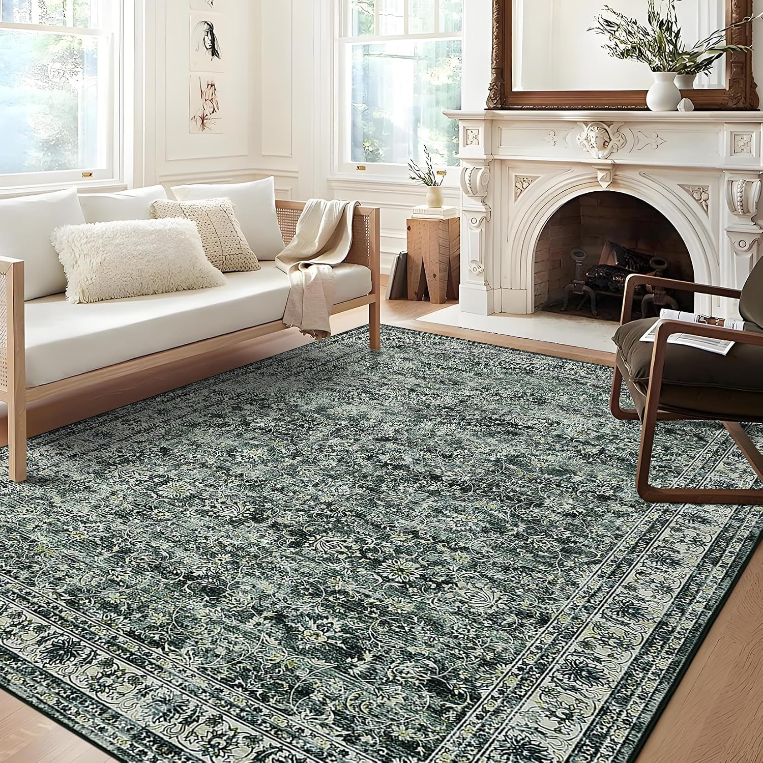 GlowSol Washable Area Rug 10x13 Large Neutral Rugs for Living Room Soft Vintage Bedroom Rug Ultra-Thin Distressed Oriental Carpet Stain Resistant Rug for Dining Room Guest Room Home Decor,Green
