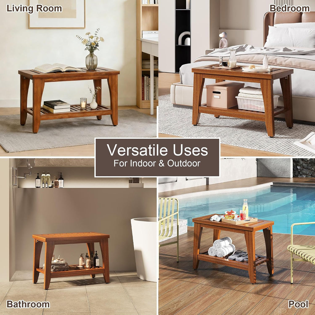 24' Premium Solid Teak Shower Bench with Storage Shelf - 400 lbs Capacity, Waterproof & Non-Slip Seat for Bathroom, Poolside, Spa