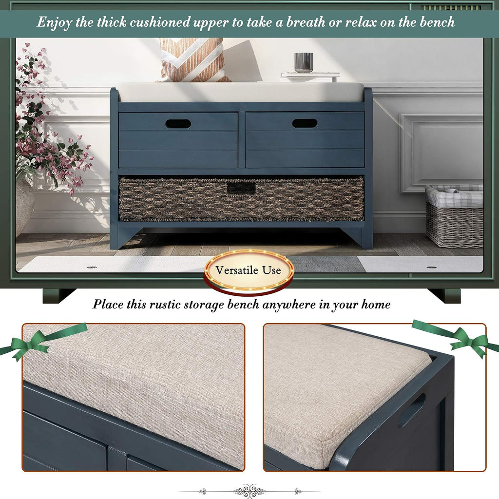 Merax Classic Wood Shoe Storage Bench with 2 Drawers, Large Rattan Basket and Seat Cushion for Entryway Hallway Front Door Navy