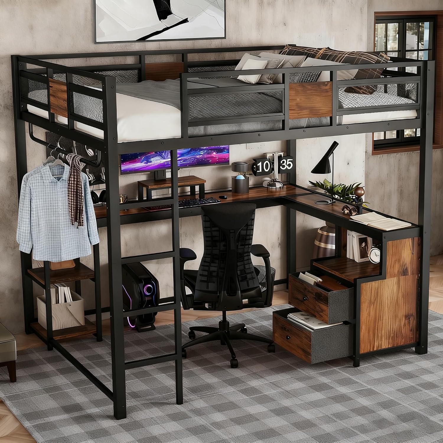 Bellemave Queen Size Loft Bed with Desk & 2 Fabric Drawers, Metal Queen Loft Bed Frame with Shelves, Computer Monitor Stand & Hanger Rod for Teens, Noise-Reduced Design, Black