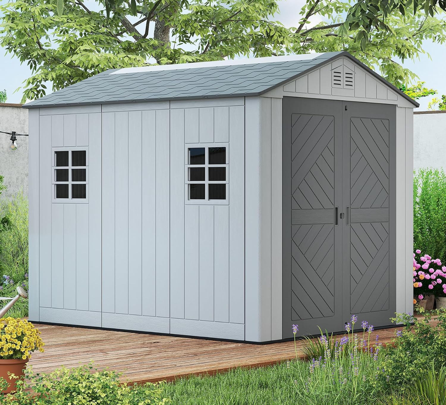ZZM Outdoor Storage Shed 6x9 Ft, All-Weather Resistant Resin Garden Sheds & Outdoor Storage Clearance with Floor and Windows, Double-Layer Plastic Tool Shed for Backyard, Patio & Lawn (Gray)