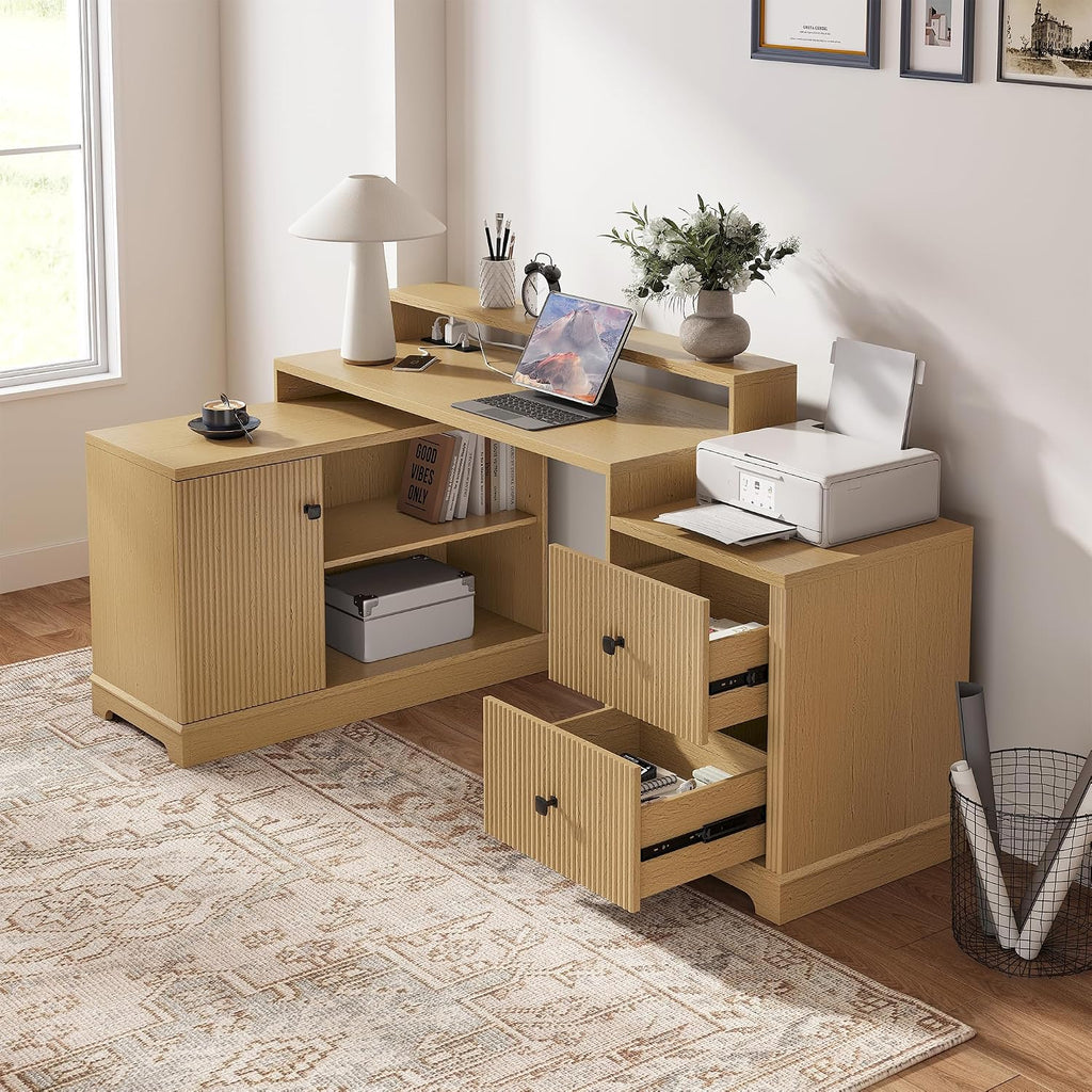 67' L Shaped Executive Desk with Drawers & Storage Shelf, Corner Computer Desk with Power Outlets, Home Office Desk with Monitor Stand, Printer Shelf, Computer Writing Desk for Work, Oak