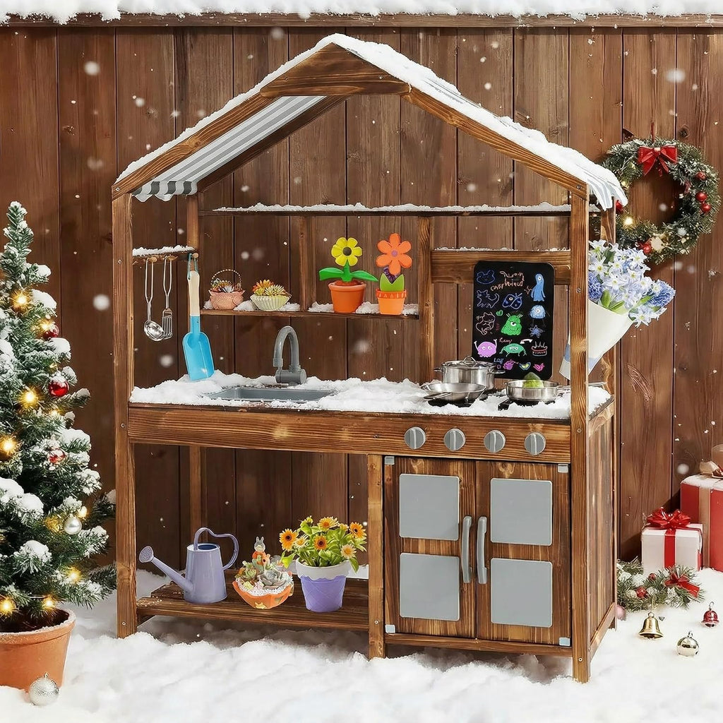 KOTEK Mud Kitchen with Canopy, Outdoor Play Kitchen with Removable Sink, Chalkboard, 4 Stoves, Cooking Accessories & Storage Cabinet, Wooden Toy Kitchen Playset for Kids Age 3+
