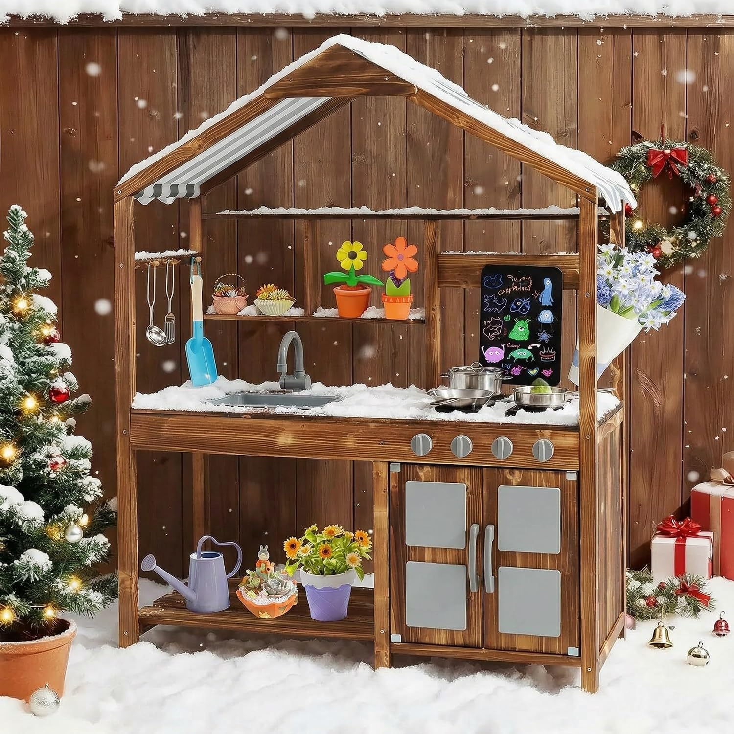 KOTEK Mud Kitchen with Canopy, Outdoor Play Kitchen with Removable Sink, Chalkboard, 4 Stoves, Cooking Accessories & Storage Cabinet, Wooden Toy Kitchen Playset for Kids Age 3+