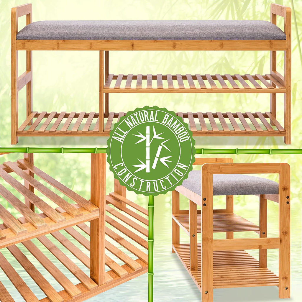 SereneLife 2 in 1 Bamboo Shoe Rack Bench with Storage and Cushion Seat, 3 Tier Small Organizer Wooden Furniture, for Entryway, Hallway, Living Room, Bathroom, Garage, Bedroom, Indoor and Outdoor Use