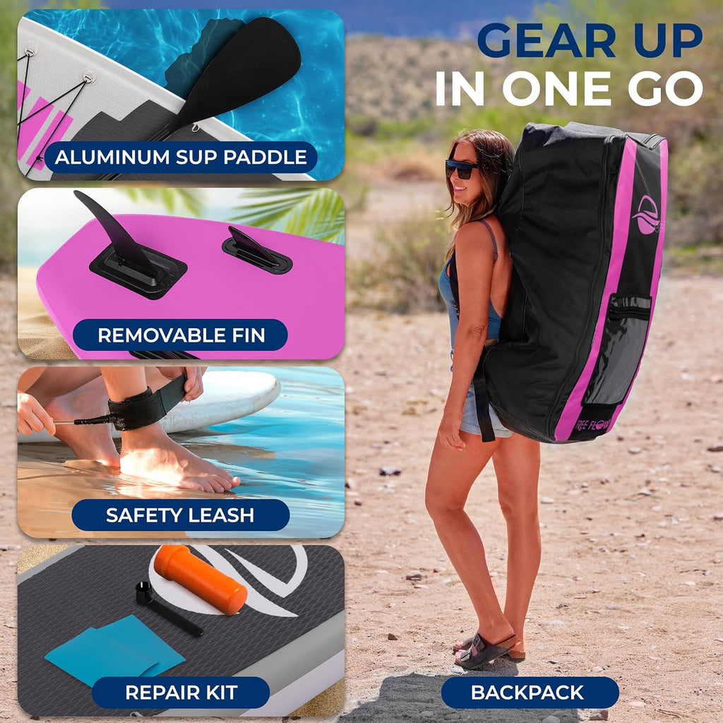 SereneLife 10'6' Inflatable Paddle Board with SUP Accessories, Wide 32' Stand Up Paddle Board, Non-Slip Deck Pad, Adjustable Paddle & Backpack, for Adults & Youth, 350 lbs Capacity