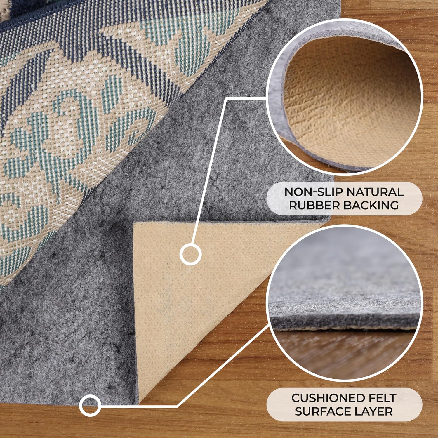 BNM Indoor Area Rug Pad, Non-Slip, Non-Skid Floor Protector, Hardwood, Tile Floor Padding, Furniture Gripper Mat, Slide Stopper, Felt and Rubber Rug Grip, with Sticky Coating for Carpet, 12' x 18'