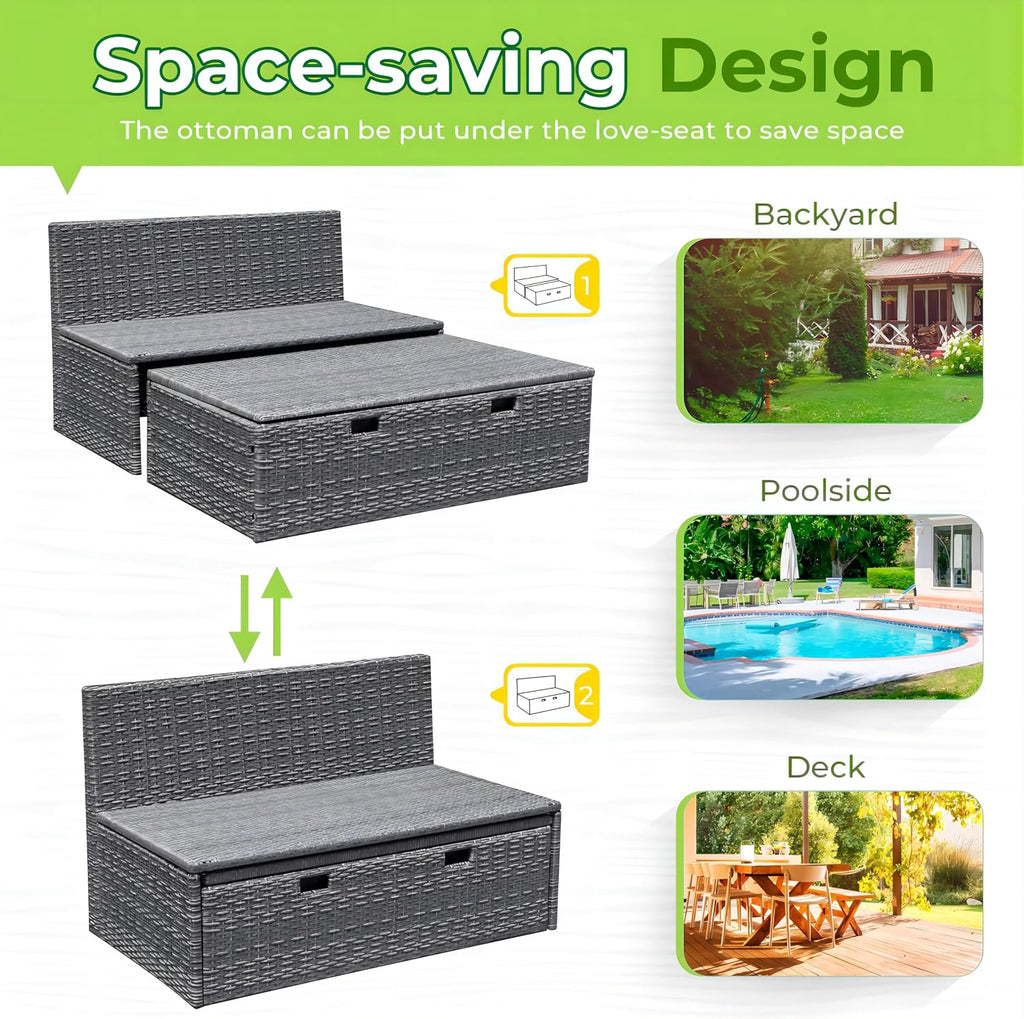 Greesum Outdoor Daybed Set Multifunctional Wicker Lounge Bed Furniture with Two Side Tables, Cushions, Storage Bench for Porch Lawn Patio Beach, OneSize, Gray