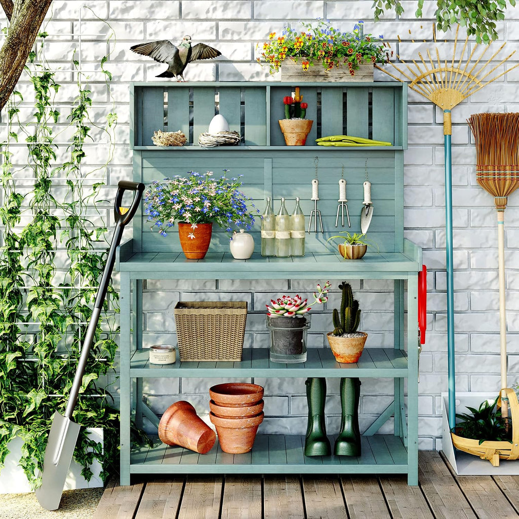 Farmhouse Potting Bench Table with Storage, Outdoor Gardening Tables with Storage Shelves and Side Hooks, Wood Potting Tables for Outside, Garden, Patio, Backyard, Easy Assembly, Green