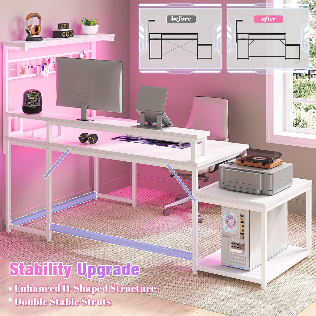 EnHomee 63' L Shaped Gaming Desk with LED Lights & Power Outlets,Reversible Corner Gaming Table with Storage Shelf & Hooks,Computer Desk with Monitor Stand & Print Stand for Bedroom,Home Office,White