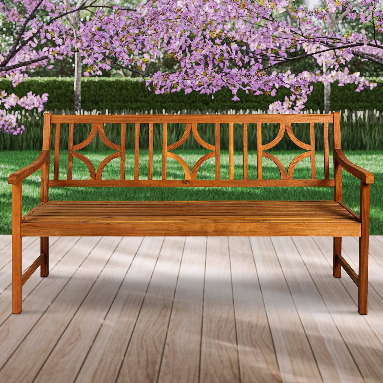 JONATHAN Y BNH100A Sloane 59.1' 3-Seat Ogee Diamond-Back 600-Lbs Support Acacia Wood Outdoor Garden Patio Bench for Garden, Lawn, Backyard, Pool, Deck, Beach, Firepit, Teak