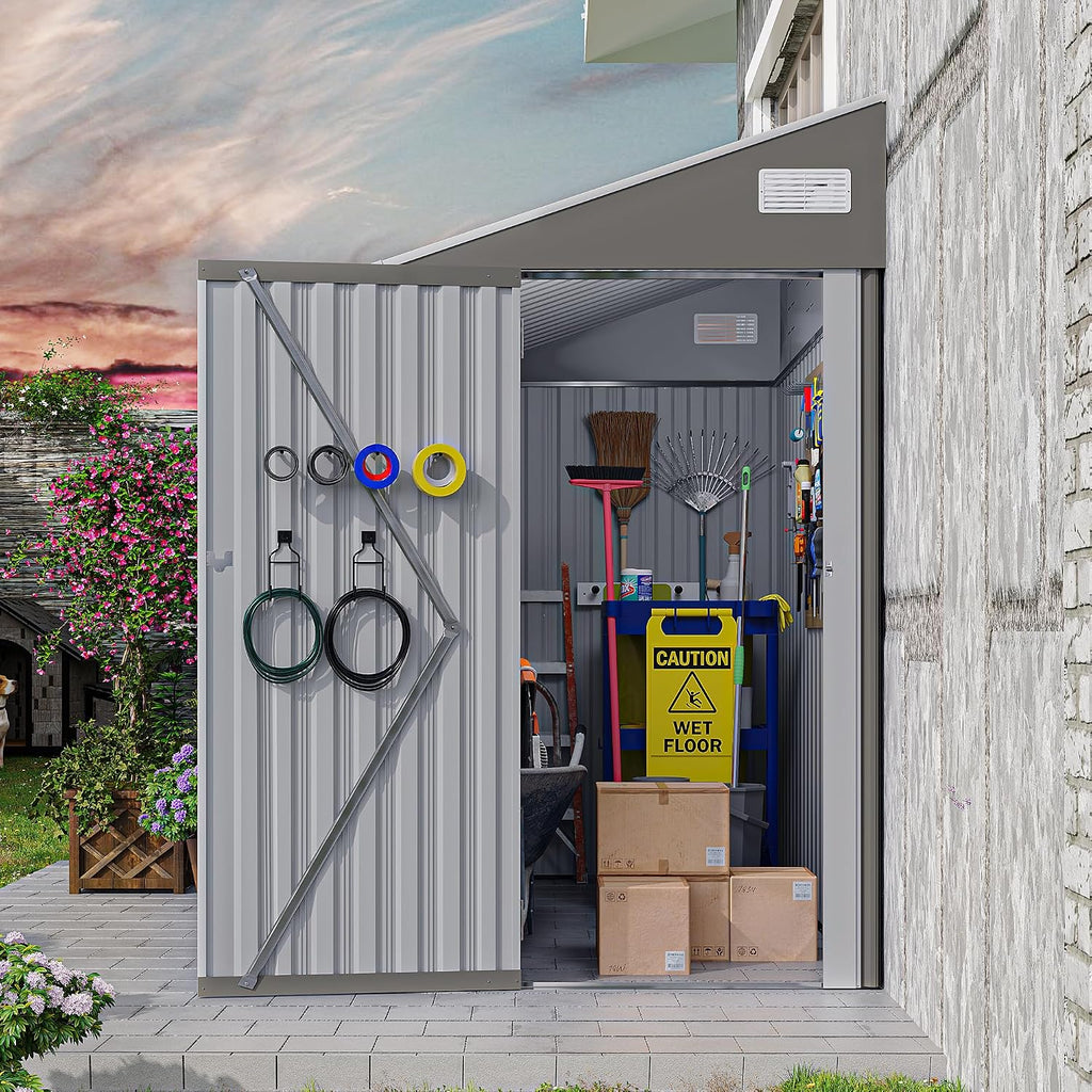 YOPTO 4×8 FT Outdoor Metal Storage Shed,Heavy-Duty Lean to Storage Shed with Lockable Single Side Hinge Door,Waterproof Metal Storage Tool House W/Sloping Roof,Air Vent&Protect Film,for Backyard,Gray