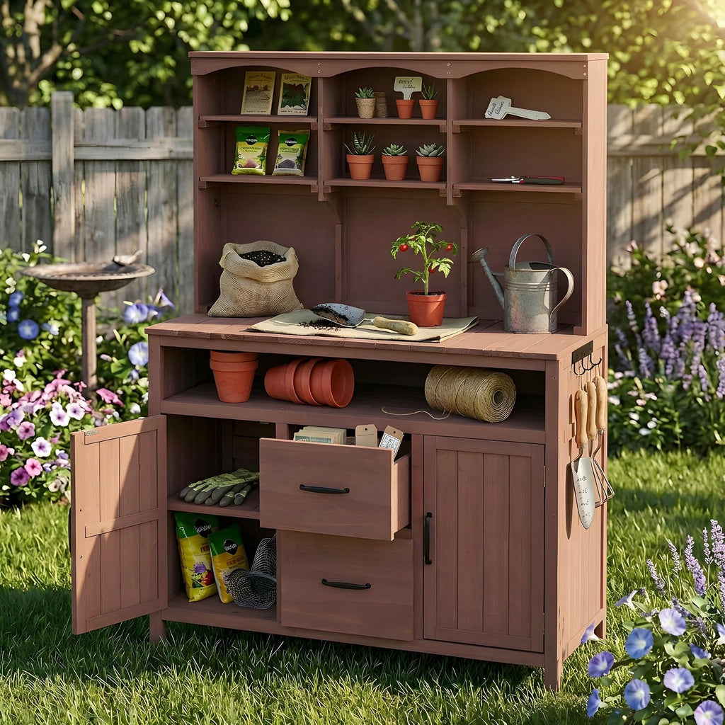 45.3''L Large Fir Wood Potting Bench, Counter Height Outdoor Patio Kitchen Island with Large Countertop, Hutch, Cabinets, Drawers & Hooks, Adjustable Shelf, Wavy Decoration Roof (Brown/103)