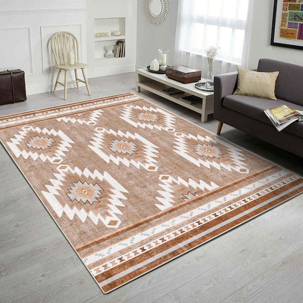 8x10 Area Rugs for Living Room, Non-Slip Backing Washable Rug 8x10, Western Large Area Rug Soft Carpet for Bedroom Dining Room, Easy Clean, Durable, Low Pile Rug Under Table, Camel