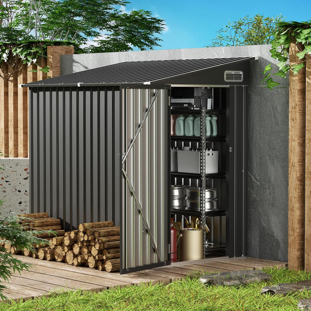 4x6 Lean to Yard Storage Shed, Outdoor Lean to Storage Sheds, Metal Wall Side Bike Shed with Lockable Door for Tool Garden Sheds for Patio Lawn Yard, Black