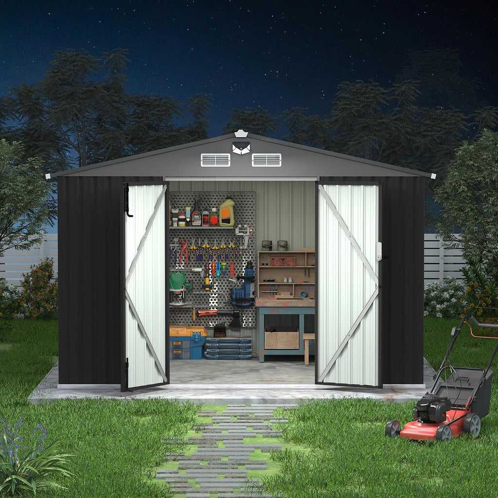 GarveeLife 8x10 Ft Outdoor Storage Sheds, Metal Garden Tool Shed for Backyard, Large Metal Sheds Outdoor Storage with Lockable Doors & Air Vents for Backyard Garden Patio Lawn