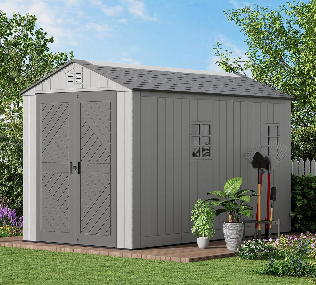 KINYING 6x11 FT Outdoor Storage Shed with Floor,Resin Outdoor Garden Tool Shed with Windows,Lockable Weather Resistant Large Plastic Shed for Bike Storage,Lawn Mower,Pool Supplies