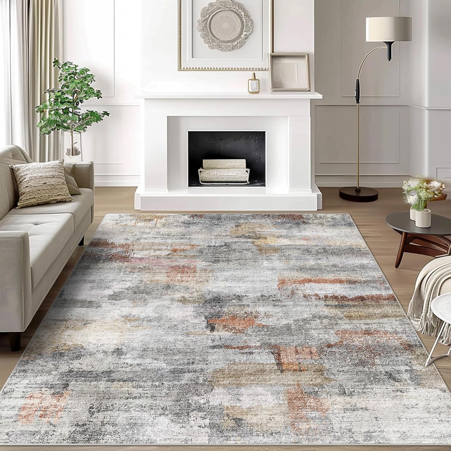 vivorug Washable Rug, Ultra Soft Area Rug 8x10, Non Slip Abstract Rug Carpet, Stain Resistant Rugs for Living Room Bedroom, Modern Fluffy Rug (Gray/Rust, 8'x10')