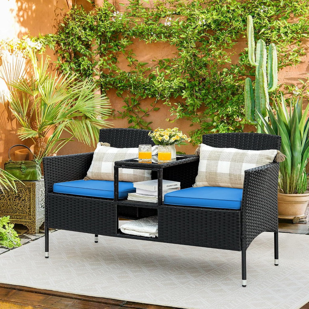 Flamaker Outdoor Furniture Patio Loveseat Wicker 2-Seat with Built-in Table and Cushions Rattan Porch Chairs Bench for Balcony, Lawn, Backyard (Blue)