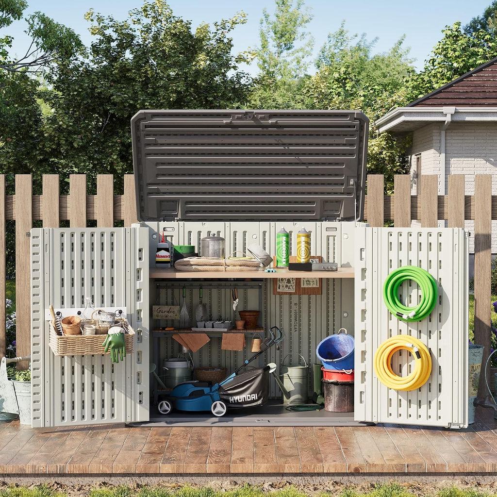 Amopatio 37 Cu Ft Premium Vertical Storage Shed, Outdoor Resin Shed with Floor, Waterproof Weather Resistance Plastic Cabinet, Lockable Doors for Patio, Garden Tools, Lawn, Grey&White