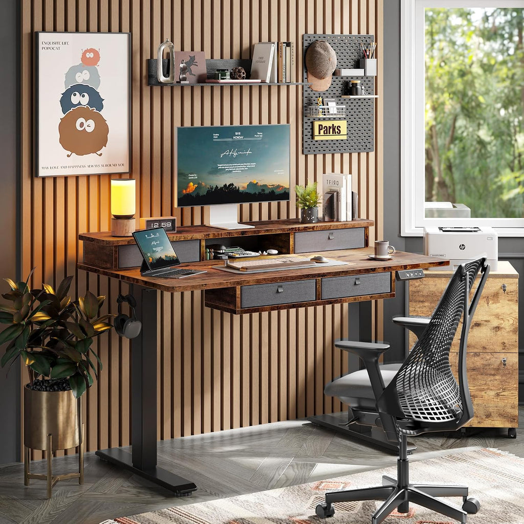 TIQLAB 48 * 28 Inch Standing Desk with Four Drawers, Electric Sit Stand Table, Stand Up Desk Adjustable Height with Storage Shelf, Splice Board, Deep Vintage