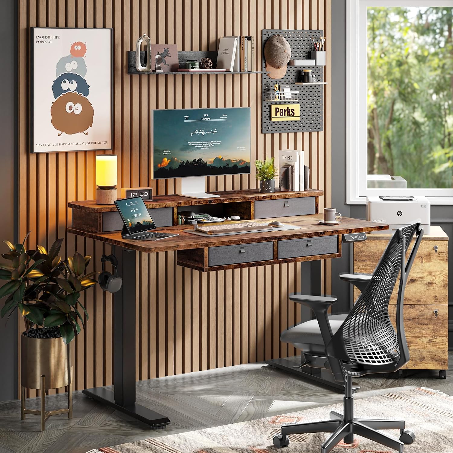 TIQLAB 48 * 28 Inch Standing Desk with Four Drawers, Electric Sit Stand Table, Stand Up Desk Adjustable Height with Storage Shelf, Splice Board, Deep Vintage