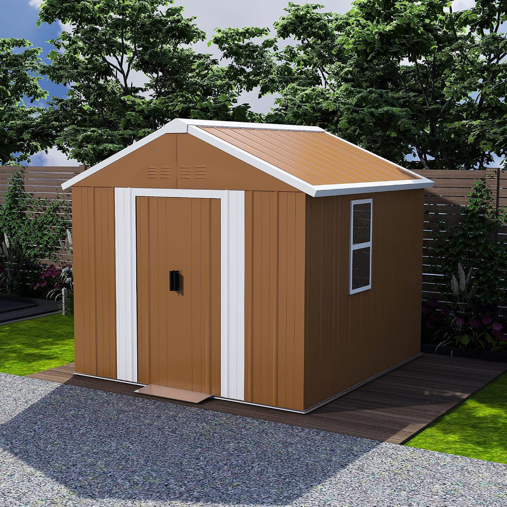 6x4 FT Heavy-Duty Outdoor Metal Storage Shed with Windows, Lockable Door & Ventilation, Weatherproof Garden Shed for Backyard, Lawn Mower, and Tool Organization (Brown, 6X4 FT)