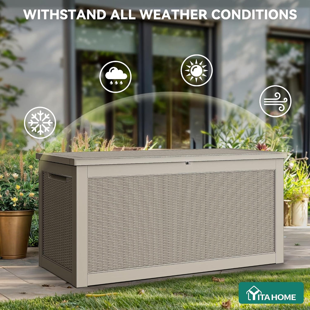 YITAHOME 320 Gallon Outdoor Storage Box, Large Water Resistant Resin Deck Box, Indoor Outdoor Lockable Storage Container for Patio, Garden, Cushions, Tools, Equipment(Brown)