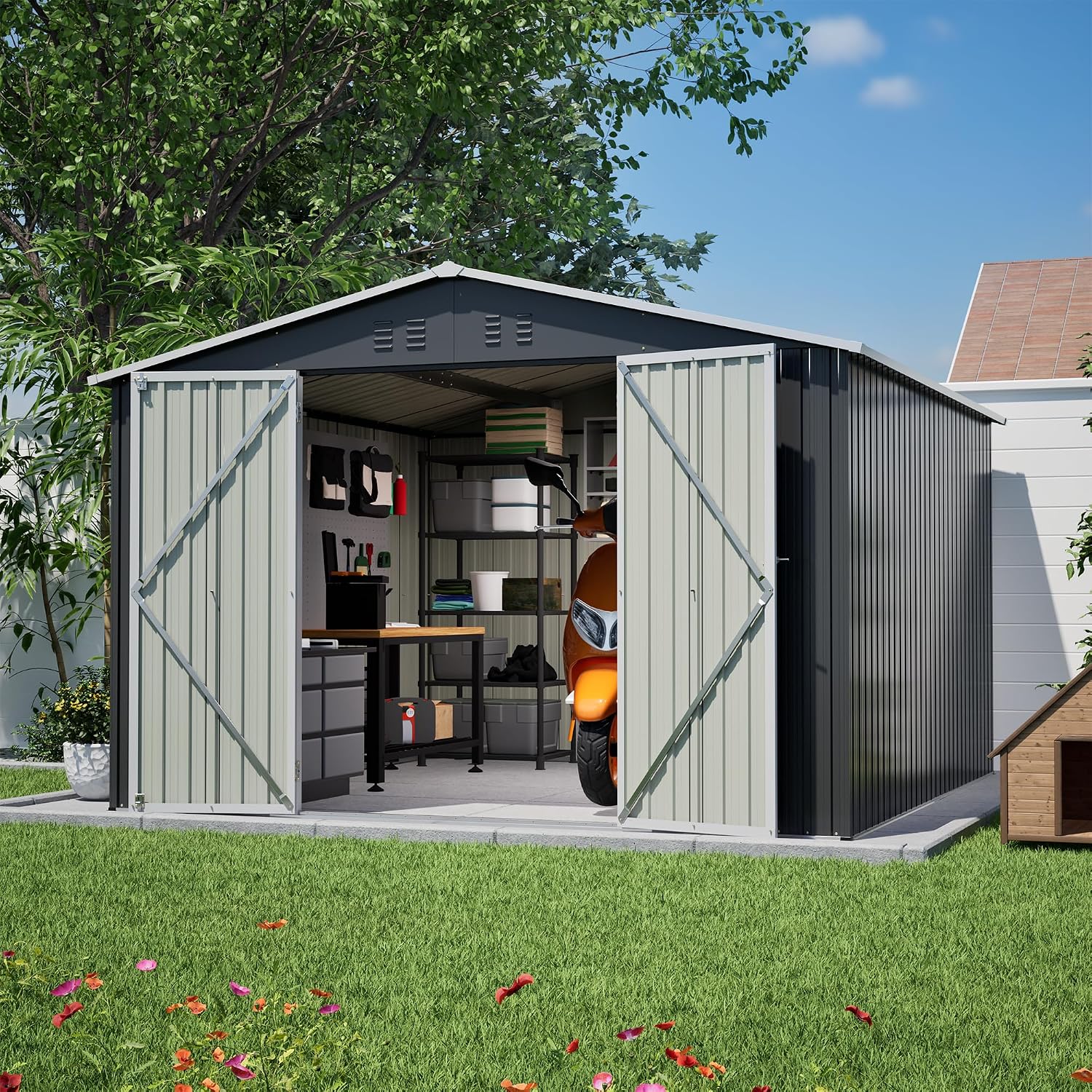 YOPTO 10 x 10 FT Outdoor Storage Shed,Heavy Duty Tool Sheds Metal Storage Garden Shed with Sloped Roof and Lockable Doors,Large Metal Storage Sheds for Backyard Patio Lawn, Black