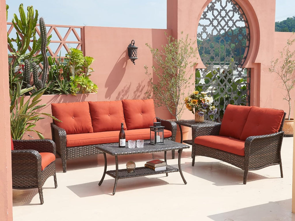 HUMMUH Wicker Patio Coffee Table,Rattan Outdoor Coffee Table with 2-Layer Storage Furniture Tables for Garden,Porch,Backyard