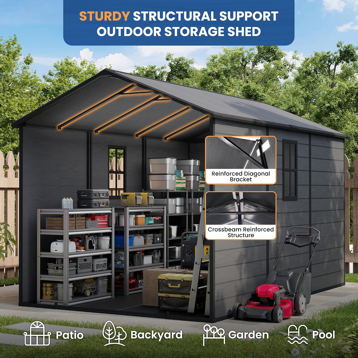 Amopatio 8X12 FT Resin Storage Shed with Floor Included, Plastic Outdoor Shed with Lockable Door, Window & Vents, for Lawnmower, Garden Tools, Pool Supplies, Dark Grey