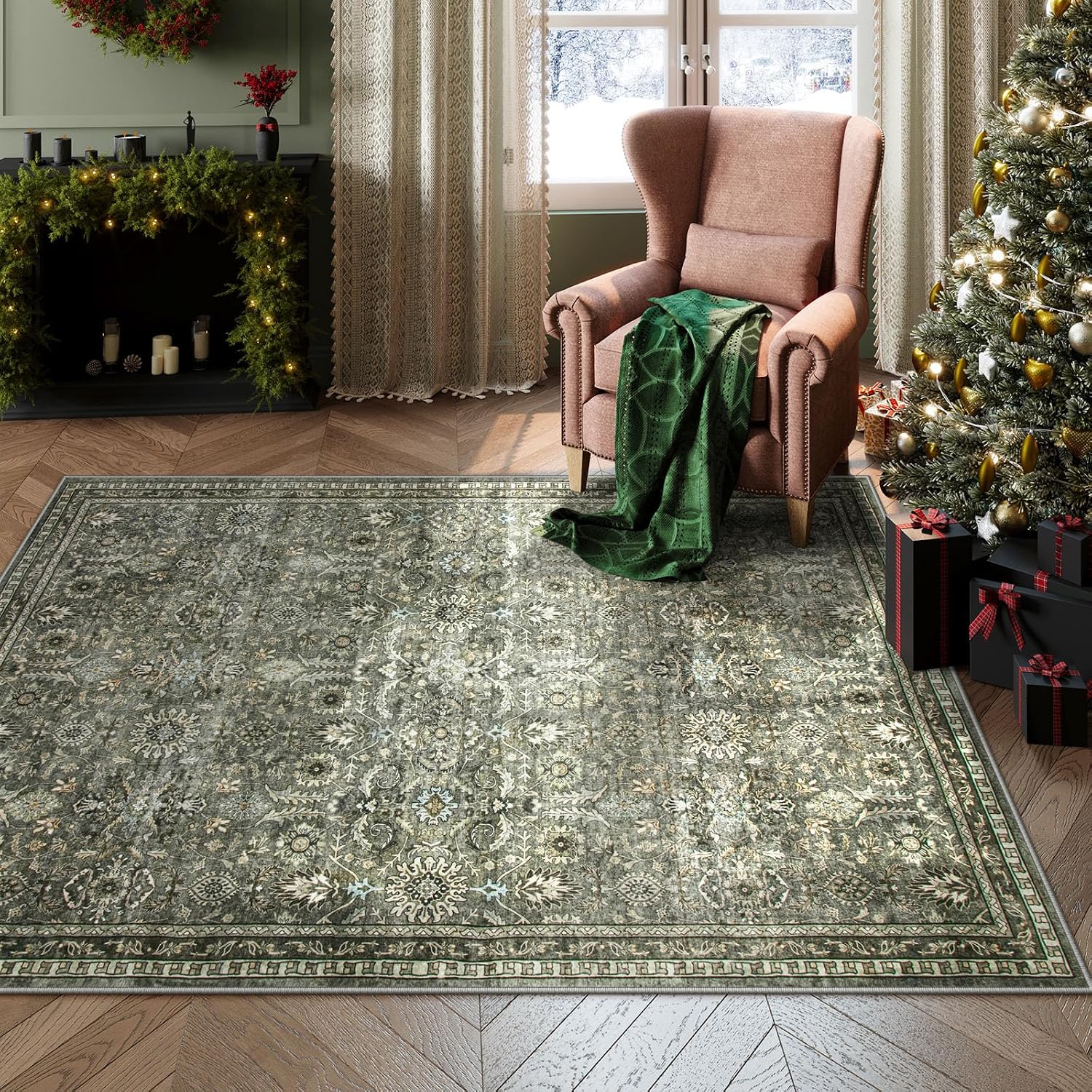 Lahome Sage Green Area Rug 6x9, Machine Washable Rugs for Living Room, Boho Vintage Soft Bedroom Carpet for Dining Room Nursery Apartment Office, Dark Green