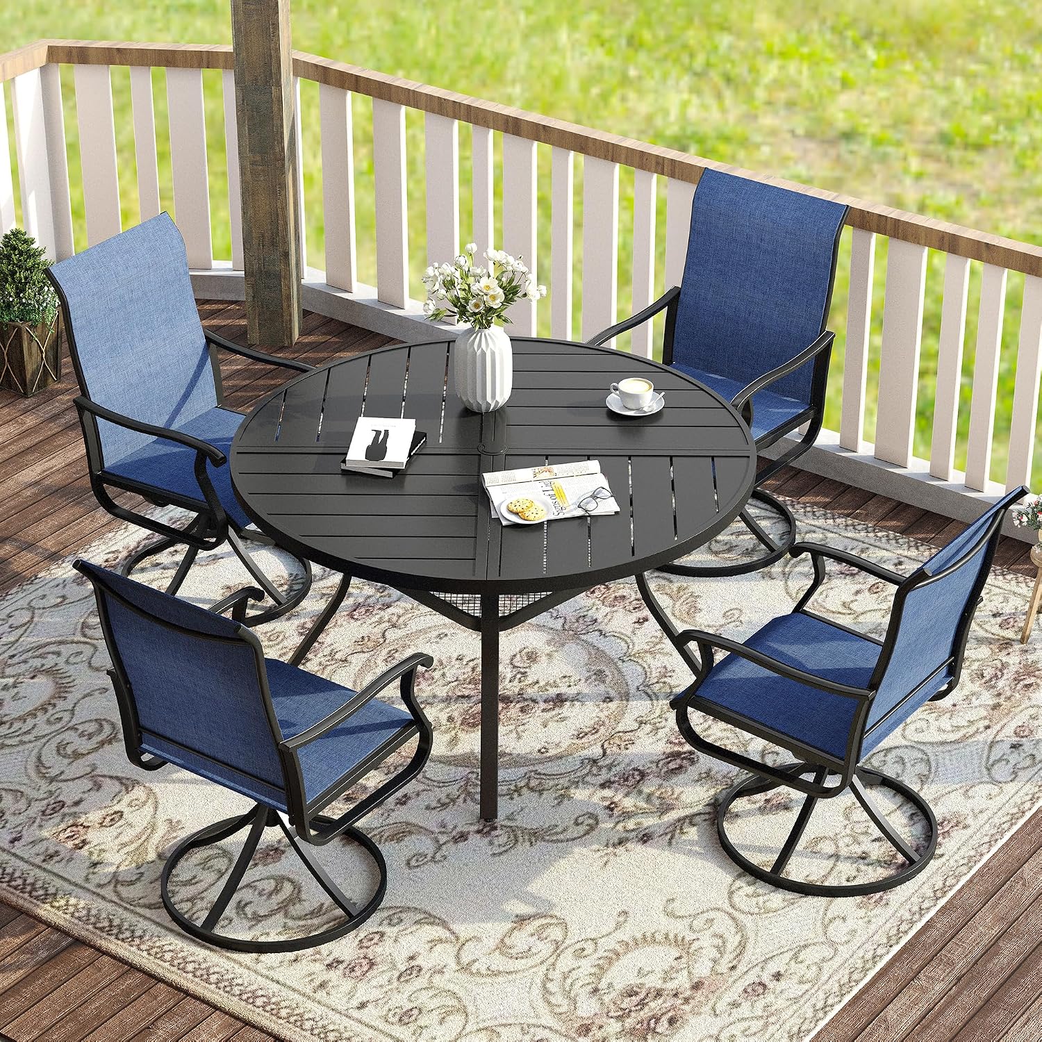 VICLLAX Round Patio Table with Adjustable Umbrella Hole for 4, All Weather Metal Outdoor Dining Table for Lawn Garden, 40.6' Outdoor Coffee Table, Black Tabletop