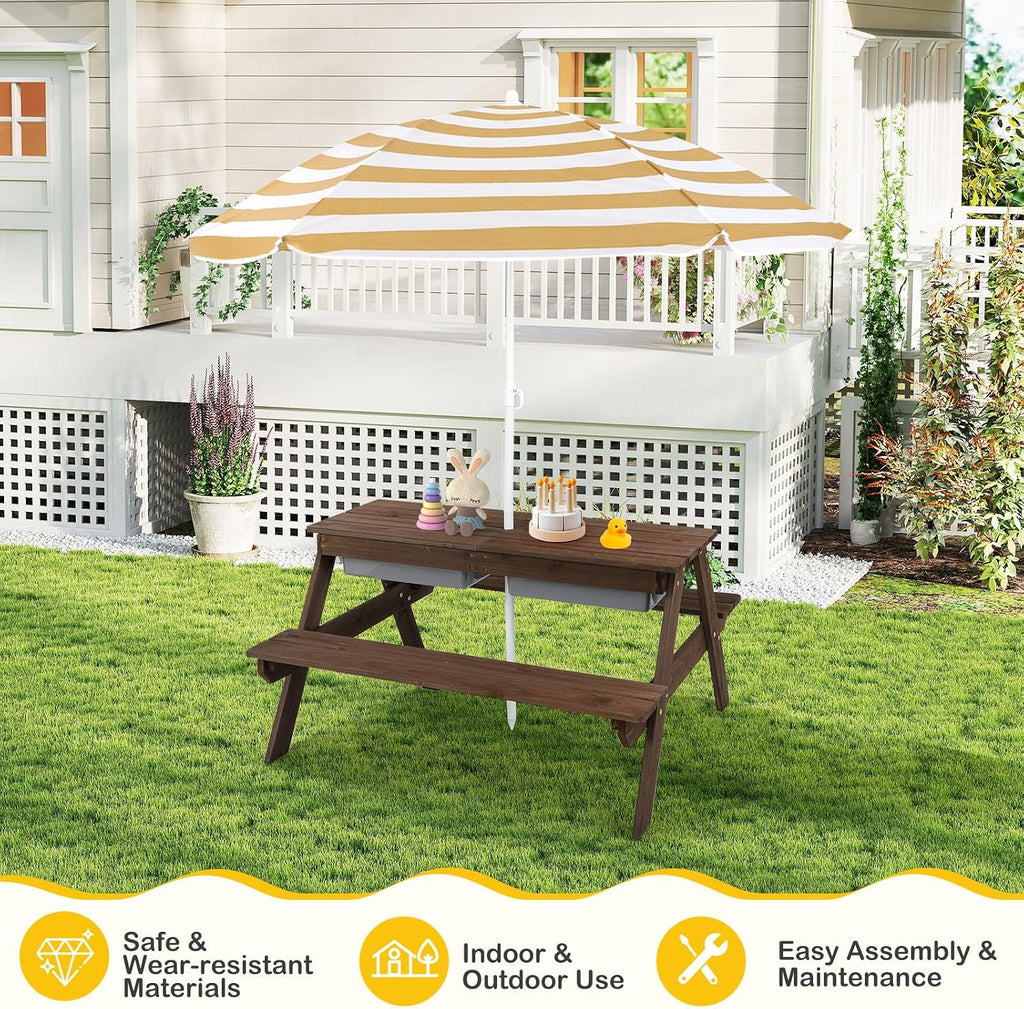 Costzon Kids Picnic Table with Sensory Bins, 4 in 1 Sand and Water Table with Height Adjustable Umbrella, Removable Tabletop for Outdoor Backyard Patio Play