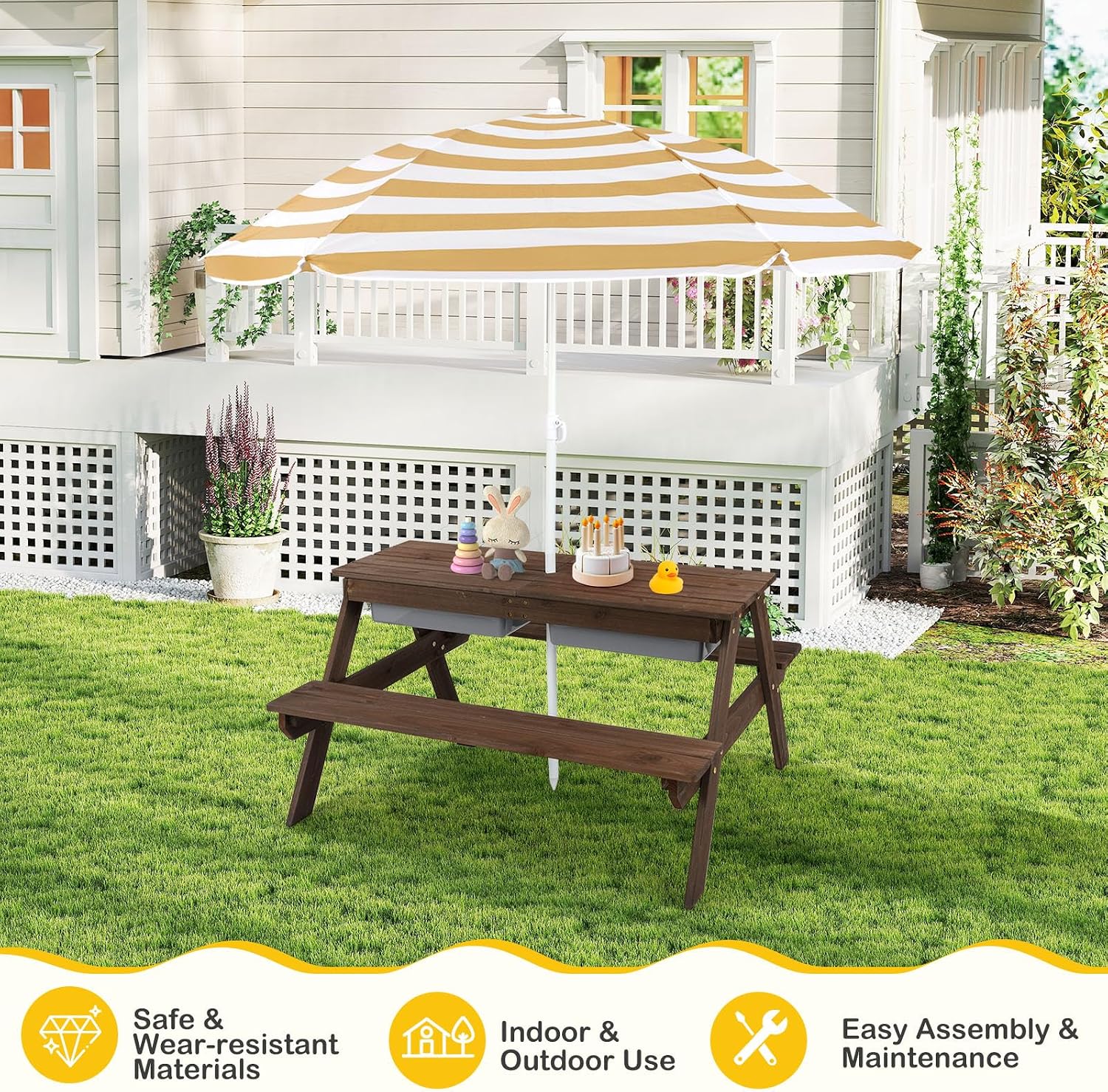 Costzon Kids Picnic Table with Sensory Bins, 4 in 1 Sand and Water Table with Height Adjustable Umbrella, Removable Tabletop for Outdoor Backyard Patio Play