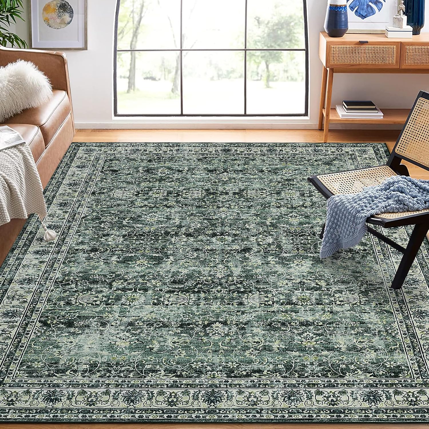 GlowSol Washable Area Rug 10x13 Large Neutral Rugs for Living Room Soft Vintage Bedroom Rug Ultra-Thin Distressed Oriental Carpet Stain Resistant Rug for Dining Room Guest Room Home Decor,Green