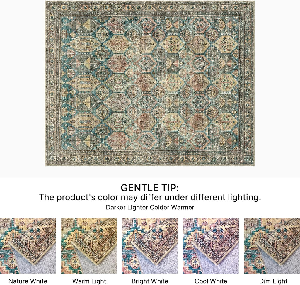 Bavni Washable Rug 8x10 Area Rug for Living Room Bedroom Dining, Washable Vintage Print Carpet, Ultra-Thin Low Pile Lightweight Rug with Non Slip Backing, Multi Green