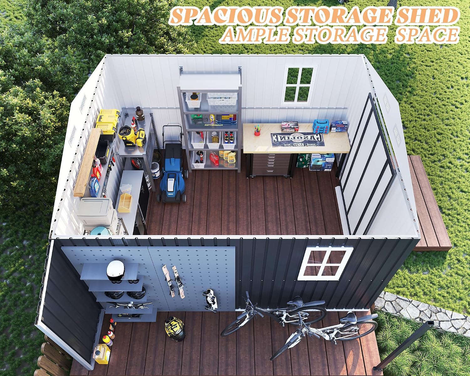 AMERLIFE 10.6x10.3x6.3 FT Galvanized Metal Storage Shed with Open Firewood Storage, Sliding Doors & Ramp, 2 Ventilated Windows, Weather-Resistant Outdoor Tool & Garden Shed, Dark Gray