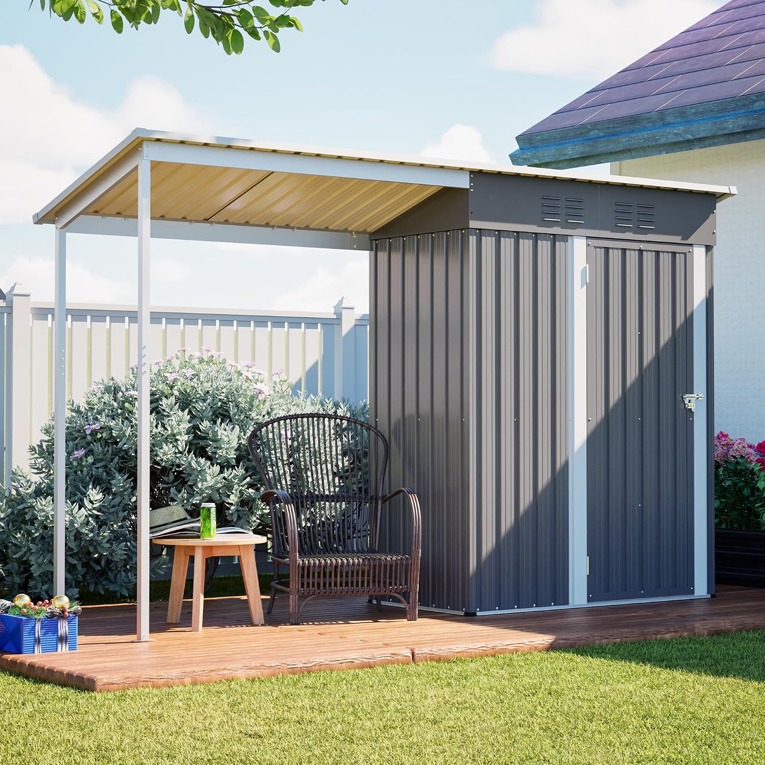 YOPTO 5×3 FT Outdoor Storage Shed & Gazebo Combo,Lean to Metal Tool Shed with Open Pergola,All-Weather 2-in-1 Garden Shed & Gazebo W/Sloping Roof and Lockable Door,for Backyard,Patio,Lawn(Gray)