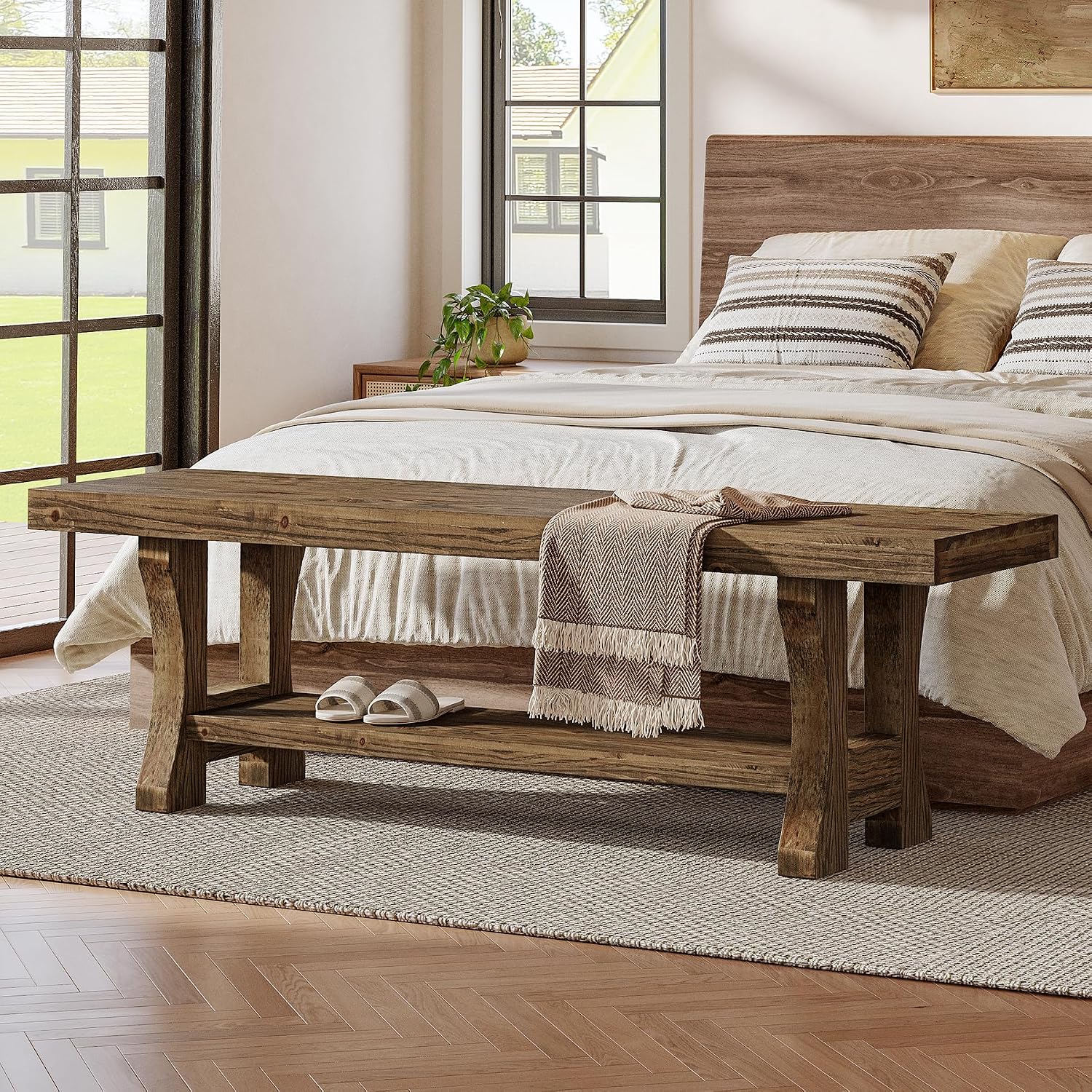 Solid Wood Entryway Bench, 55' End of Bed Bench, Long Indoor Dining Seat for Hallway, Bedroom, Living Room, Dining Room, Easy Assembly, Dark Brown