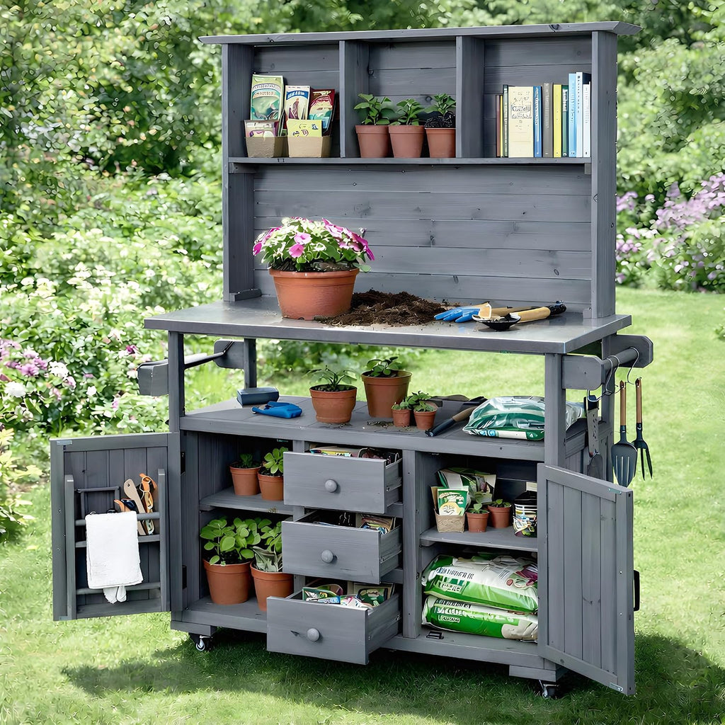 65''H Large Garden Potting Bench, Solid Fir Wood Outdoor Kitchen Island with Lockable Wheels, Stainless Steel top, Drawers, Shelf and Cabinets, Door Shelves and Hutch for Grilling (Gray-113)