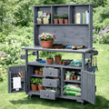 65''H Large Garden Potting Bench, Solid Fir Wood Outdoor Kitchen Island with Lockable Wheels, Stainless Steel top, Drawers, Shelf and Cabinets, Door Shelves and Hutch for Grilling (Gray-113)