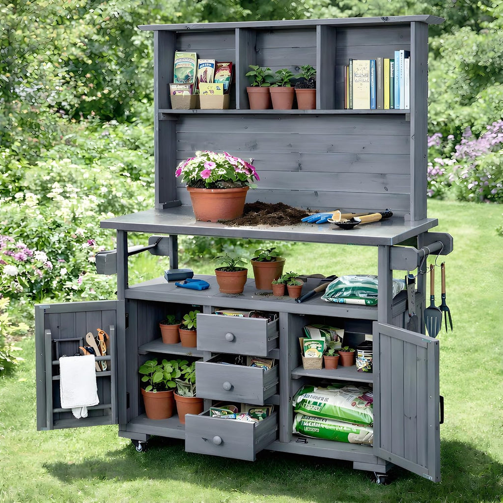 Versatile Garden Potting Bench with Stainless Steel Countertop, Outdoor Workstation for BBQ & Patio Cooking, Mobile Storage Cart Kitchen Island with Wheels (Gray/B)