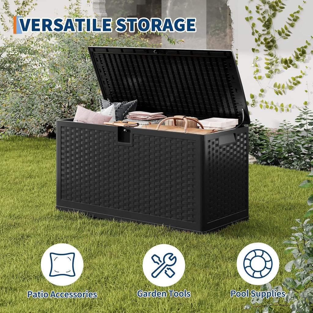 GarveeLife 73 Gallon Resin Deck Box, Weatherproof and UV Resistant Outdoor Storage Box, Lockable Outdoor Storage Bin for Patio Cushions, Garden Tools, Pool Supplies, Package Delivery, Black