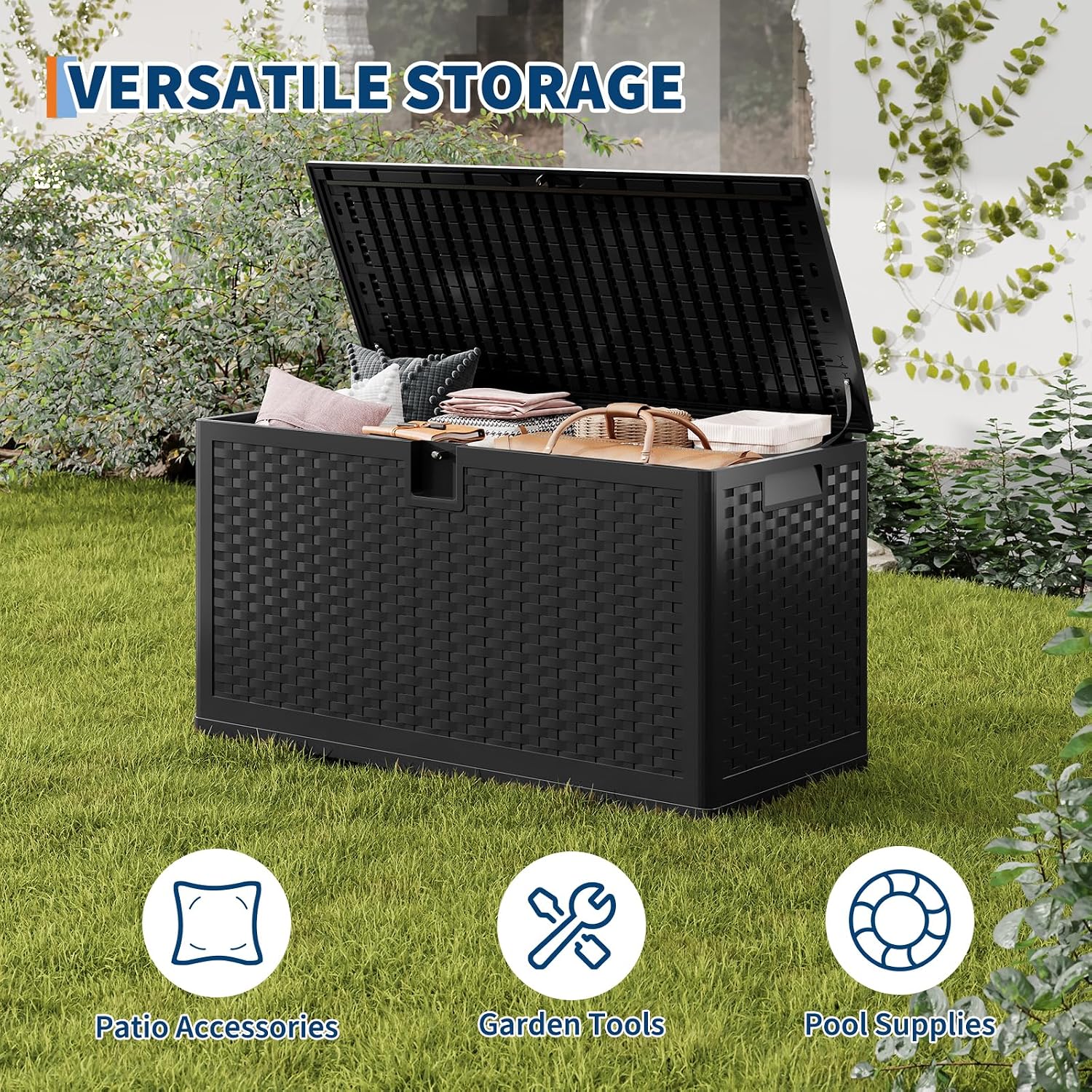GarveeLife 73 Gallon Resin Deck Box, Weatherproof and UV Resistant Outdoor Storage Box, Lockable Outdoor Storage Bin for Patio Cushions, Garden Tools, Pool Supplies, Package Delivery, Black