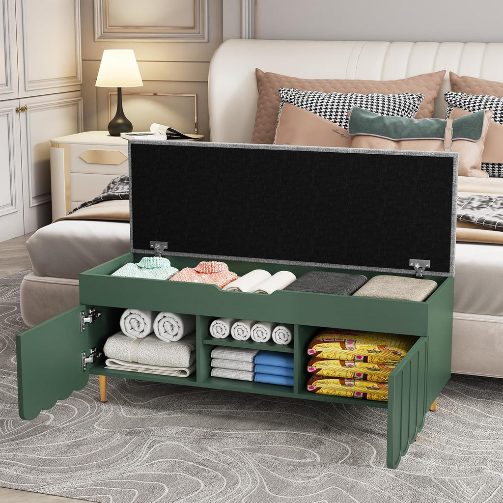 3More 40' Entryway Shoe Storage Bench,Upholstered Hidden Space Beneath Seat Cushion Bench,2-Tier Unique Geometric Shape with Wood Grain,Green