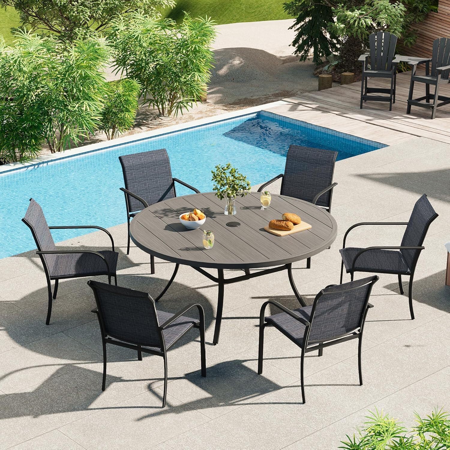 VICLLAX 50' Outdoor Round Patio Dining Table for 4-6, All Weather Metal Dining Table with Umbrella Hole for Deck Lawn Garden Backyard, Grey